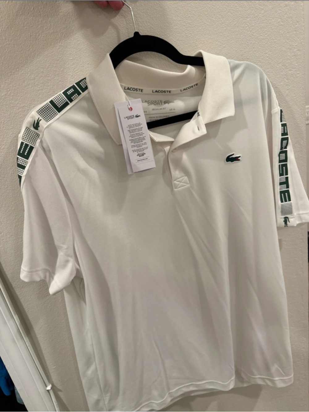 Lacoste White Polo with Green Logo and Shoulder Trim